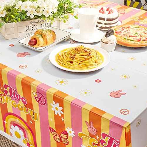 Jecery 3 Pcs Rainbow Plastic Two Groovy Tablecloths Birthday Decorations Groovy Christmas Decorations Retro Hippie Daisy Flower Decor for 60s 70s Retro Boho Themed Girl 2nd Birthday Supplies
