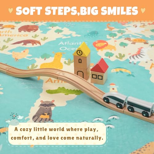 Kids Playroom Rug 5x7 Blue Planet Safari Educational Animal Map Non-Slip Washable