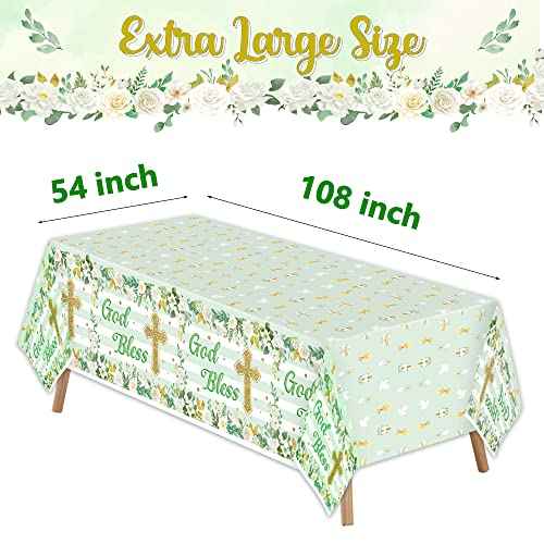 God Bless Baptism Tablecloth - 3-Pack Green Baptism Table Cover Christmas Winter Xmas New Year Party God Bless Cross Religious Waterproof Rectangle First Communion Baby Shower(54x108 Inch)