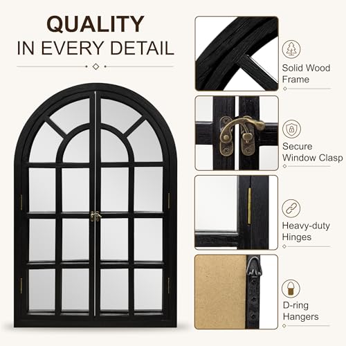 Black Arched Wood Mirror with Opening Shutters - 36 x 24 Inches Farmhouse Wall Decor