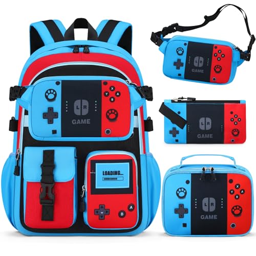 TILYTADLY 4-Piece School Backpack Set for Boys - Red-Blue Video Game Bookbag with Lunch Box & Detachable Waist Bag for Ages 6-18