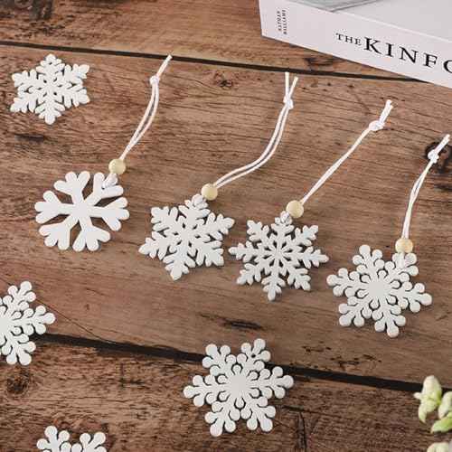 24PCS Wooden Snowflake Ornaments, White Hollowed Snowflake Christmas Tree Hanging Ornaments Rustic Crafts with Rope for Xmas Tree Decor