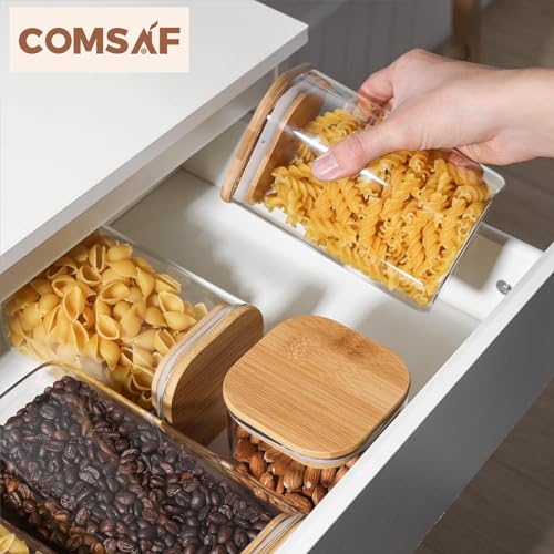 Glass Pantry Storage Containers Set of 6 - 0.7 Qt, 1.2 Qt, 1.6 Qt Square Jars with Bamboo Lids