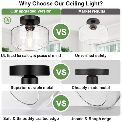 Farmhouse Semi Flush Ceiling Light - Black Seeded Glass Shade, Vintage Style, 8.7-inch Diameter - Space-Saving Industrial Fixture for Hallway & Bedroom