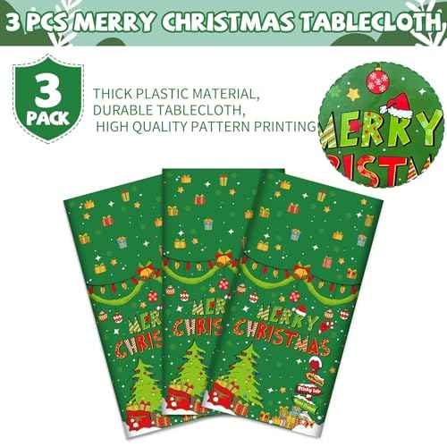 YQUQWN 3 PCS Merry Christmas Tablecloth Disposable Plastic Tablecloth 54¡¿108 Inch Christmas Decorations Supplies