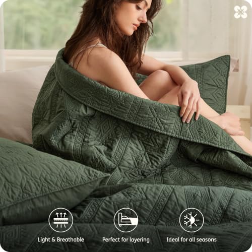 Cotton Quilt Set Queen - Olive Green, Tribal Geometry Pattern