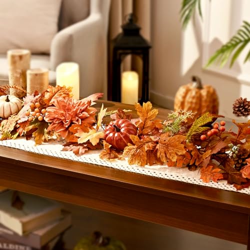 Orange 6FT Fall Garland with Lights - 2 Pcs Autumn Decor for Mantle & Porch