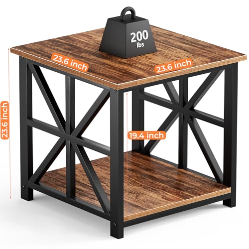 GreenForest Walnut 24-Inch Large End Table with X-Shaped Metal Frame, 2-Tier Storage