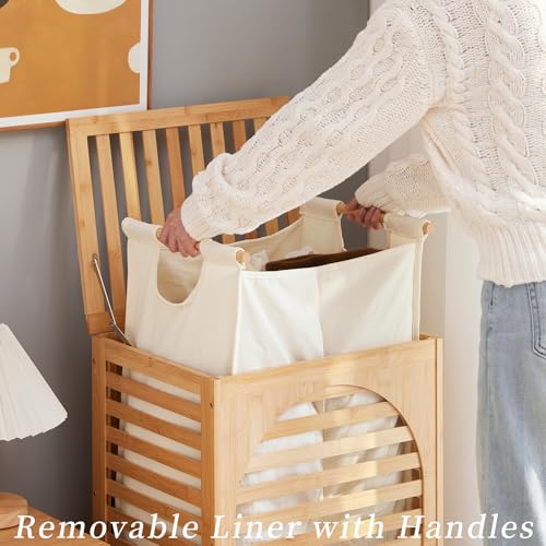 Kitsanery Large Waterproof Bamboo Laundry Hamper with Lid & Removable Washing Bags - Natural