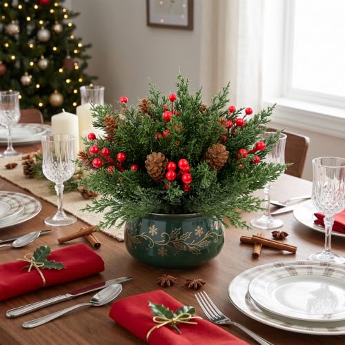 45 Pcs Christmas Artificial Pine Branches with Red Berries & Pine Cones - Holiday Decor