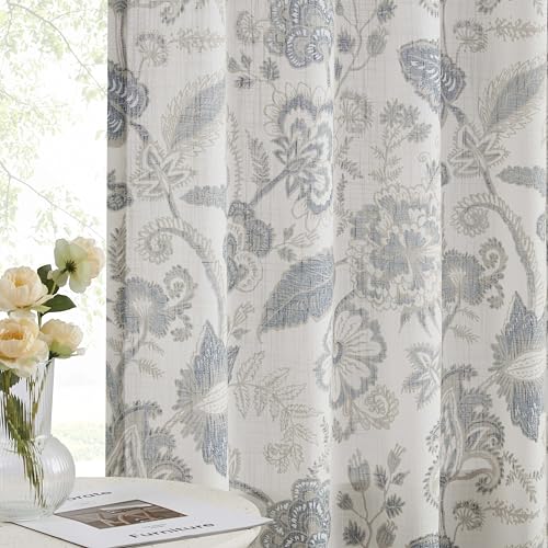 Semi Sheer Jacobean Floral Curtain Set - Blue Grey 52"W x 84"L, Pack of 2