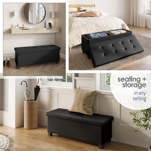 Black Leather Storage Ottoman Bench - 43 Inch Foot Rest & Seat with Bins - Variation 04