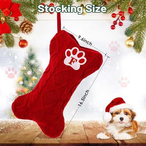 Ulico Dog Stocking with Initials£¬Bone Shape Christmas Stocking with Letters,Cable Knit Embroidered Monogram Christmas Stocking for Dogs Cats,Xmas Stockings for Pets Red C