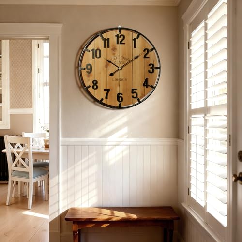 Farmhouse Wall Clock - 30 Inch Wooden & Metal Large Clock - Brown Variation