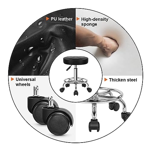 KKTONER Black Adjustable Swivel Drafting Stool with Wheels - PU Leather Office Chair