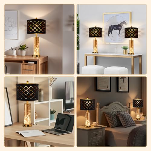 Modern Black 25.6" Set of 2 Bedside Table Lamps with USB & Nightlight - Gold Accent