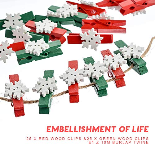 Papasgix 50 Mini Christmas Clothes Pins, Wooden Snowflake Clips, Small Clothespins for Photos, Cards, DIY Crafts, Holiday Decor (Red)