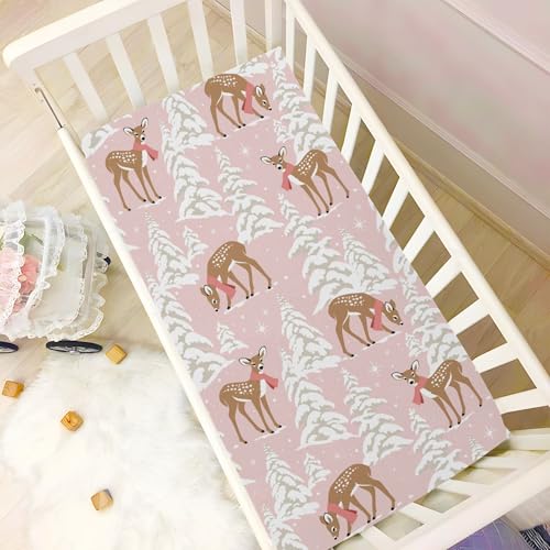 KICPOAY 52 x 28 Inch Fitted Crib Sheet for Baby & Toddler Playard - Snowflake Fawn Pattern, Breathable Soft Mini Mattress Cover, Multi 10