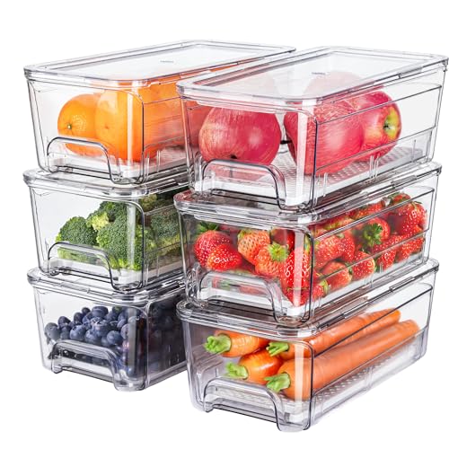 6-Pack Clear Fridge Organizer Bins with Drain Tray - Stackable, Food Storage Containers