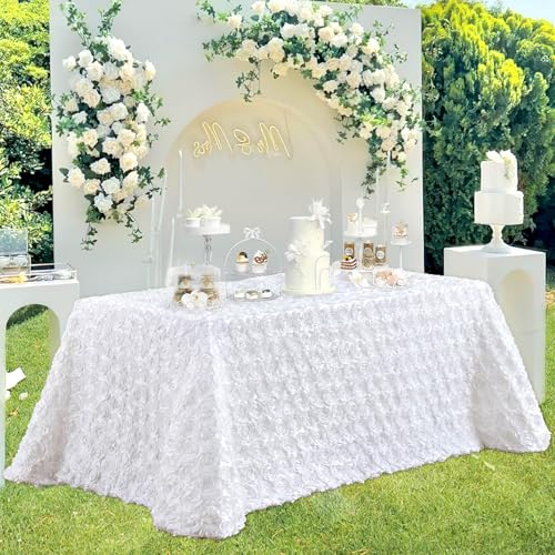 B-COOL 90x156 Inch White 3D Floral Rosette Satin Tablecloth – Rectangular