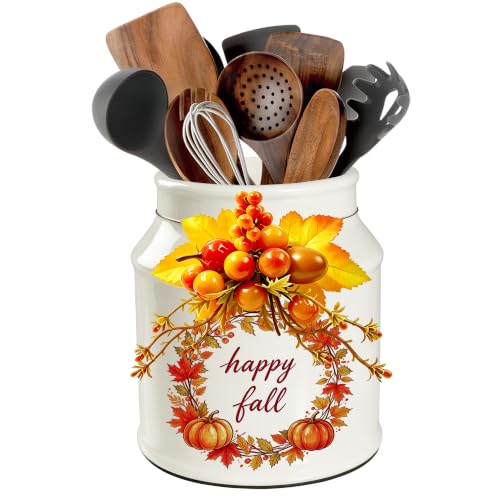 Fall Ceramic Utensil Holder with Autumn Wreath - BOXJINCO Fall Decor