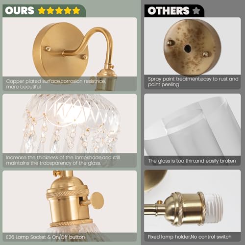Crystal-2pack Vintage Wireless Wall Sconces with Remote, Rechargeable Battery, Antique Brass Finish, 9.05in - Set of Two