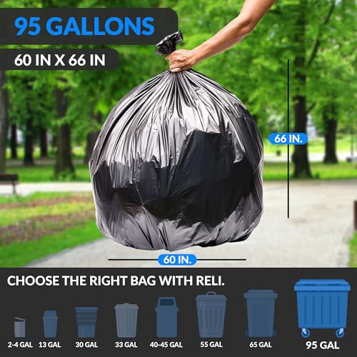 Heavy Duty 95 Gallon Trash Bags with Twist Ties - Leak-Proof, Tear-Resistant, 68 Count
