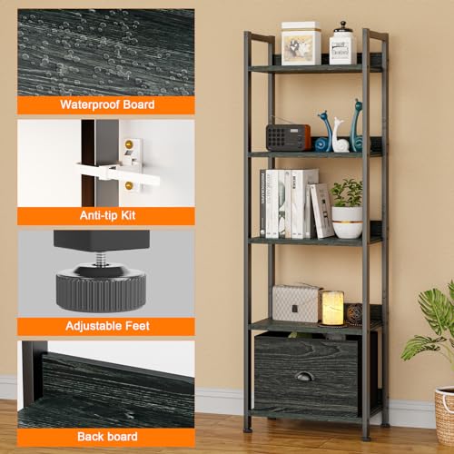 Furologee Black Oak 5-Tier Narrow Bookshelf with Drawer - Tall Storage Rack