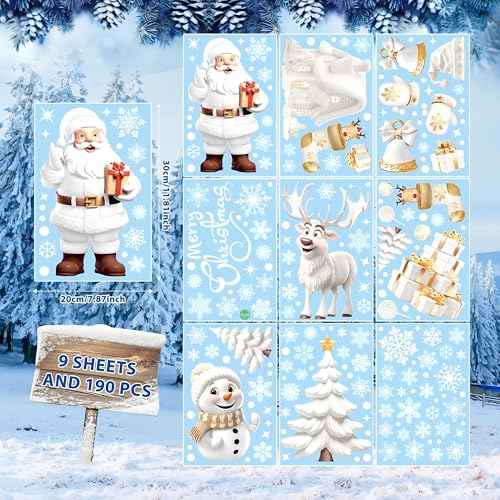 AhfuLife Christmas Window Clings, 190 PCS Large 3D Reusable Window Stickers for Glass, 9 Sheets Double Sided Santa Claus Snowman Snowflakes Reindeer Stickers for Party Decorations