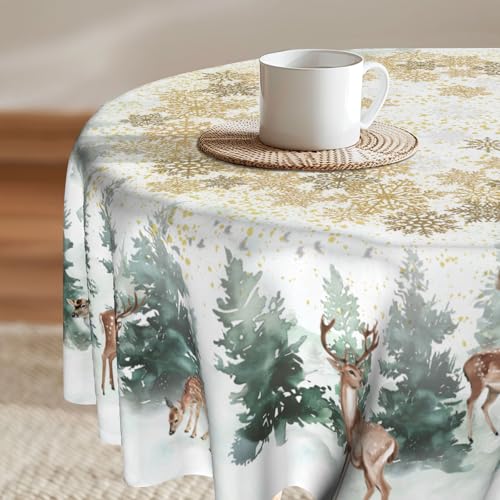 Imiss Winter Wonderland Reindeer Round Tablecloth 60in - Snowflake Pine Tree Christmas