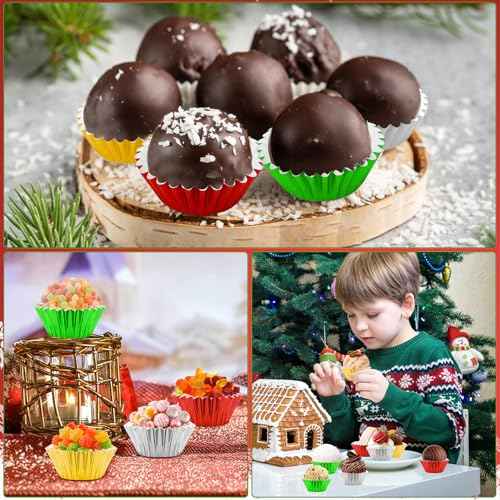 AUGSUN 400pcs Christmas Mini Foil Cupcake Liners Golden Red Green Silver Cupcake Baking Cups Metallic Mini Muffin Cupcake Wrappers for Xmas Holiday Party Cake Candy Chocolate Decorations Supplies