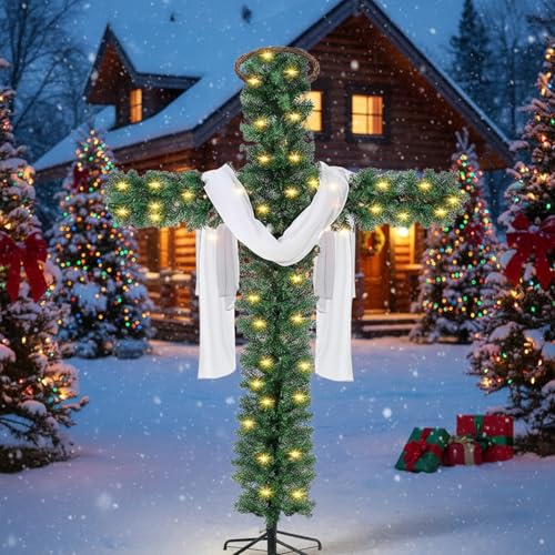 Classic 5ft Lighted Christmas Cross Tree with Crown & Scarf - Faith Decor