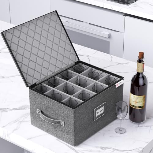 2 Pack Wine Glass Storage Box with Dividers - Hard Shell Stemware Organizer for 12 Glasses, Portable & Sturdy