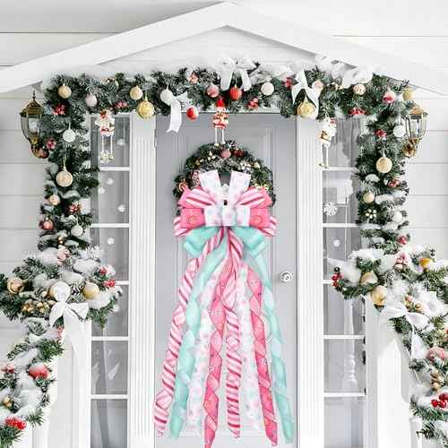 DIYDEC Pastel Christmas Tree Topper 43x13 Inches Large Christmas Tree Toppers Bows Pink Wreath Bow for Xmas Ornaments Party Holiday Home Wedding Decoration