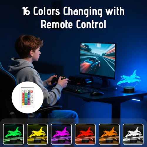 Warplane Night Lights,Kids Airplane 3D Night Light Bedside Lamp Fighter Toy Light 7 Colors Changing with Remote Control Best Christmas Gifts and Birthday Gifts for Boys Girls Kids Baby