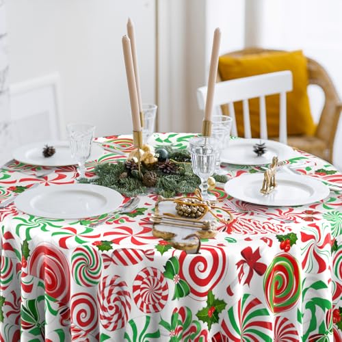 Jectivs 6-Pack 84-Inch Red Green Candy Cane Disposable Tablecloths – Round Plastic Christmas Party Cover