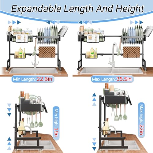 Black Over The Sink Dish Drying Rack 22.6-35.5" Expandable 2-Tier Kitchen Organizer