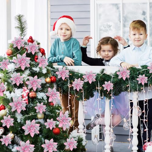 36 Pcs Artificial Poinsettia Christmas Decorations Peach Pink & Silver