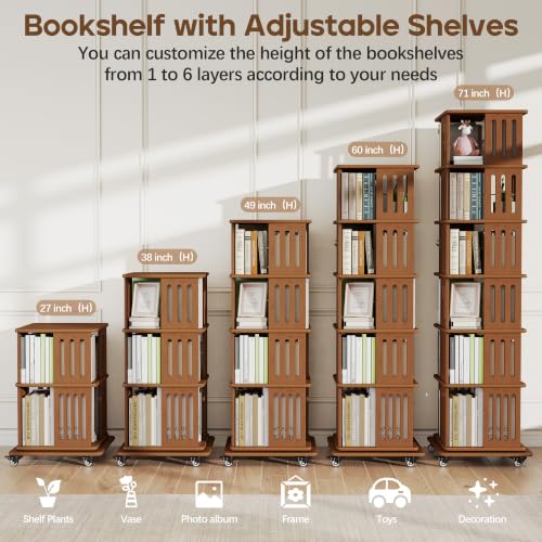 60-Inch Rotating Bookshelf Tower with 5 Tiers, Walnut Finish, Spinning Bookcase