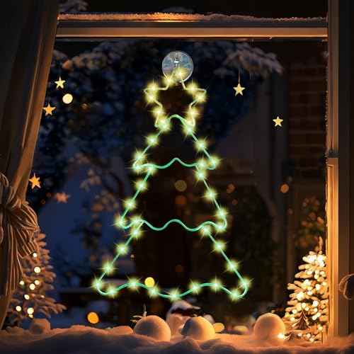 Christmas Window Silhouette Lights Decorations, Lighted Christmas Tree with Battery Operated LED Lights Hanging for Christmas Holiday Party Indoor Outdoor Wall Door Window Decorations