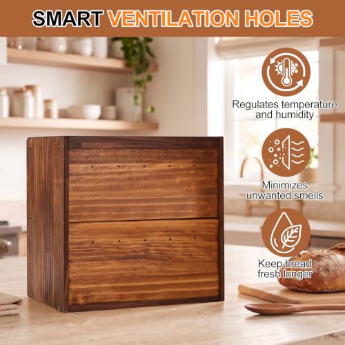 Retro Brown Large Double Layer Bread Box for Kitchen Countertop - Alpeir