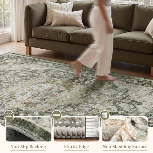 Olive Round Rug 6ft - Soft Non Slip Carpet for Living Room, Bedroom & Office - Machine Washable