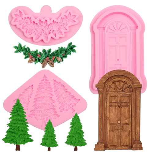 Christmas Tree Fondant Molds, 3 Packs Tree Holly Leaf Silicone Molds European Door Window Chocolate Silicone Molds for Cake Decoration Cupcake Toppers Party Candy Gummy Plaster Clay Resin DIY Crafts