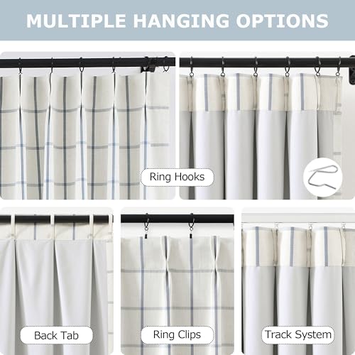 Cornflower Blue Plaid Linen Blackout Curtains 40x108 Pack of 2 - Thermal Insulated, Pinch Pleated Room Darkening Drapes