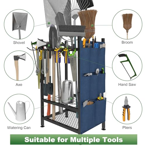Garden Tool Organizer Rack with Hooks and Storage Bag - Metal Yard Storage for Garage, Shed, Patio
