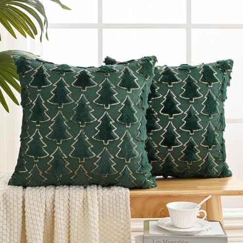 Volcanics Dark Green Christmas Tree Decorative Throw Pillow Covers 18x18 Inch Set of 2, Soft Plush Faux Fur with Sparkling Sequin Design, Luxury Throw Pillowcases for Couch Holiday Festivals