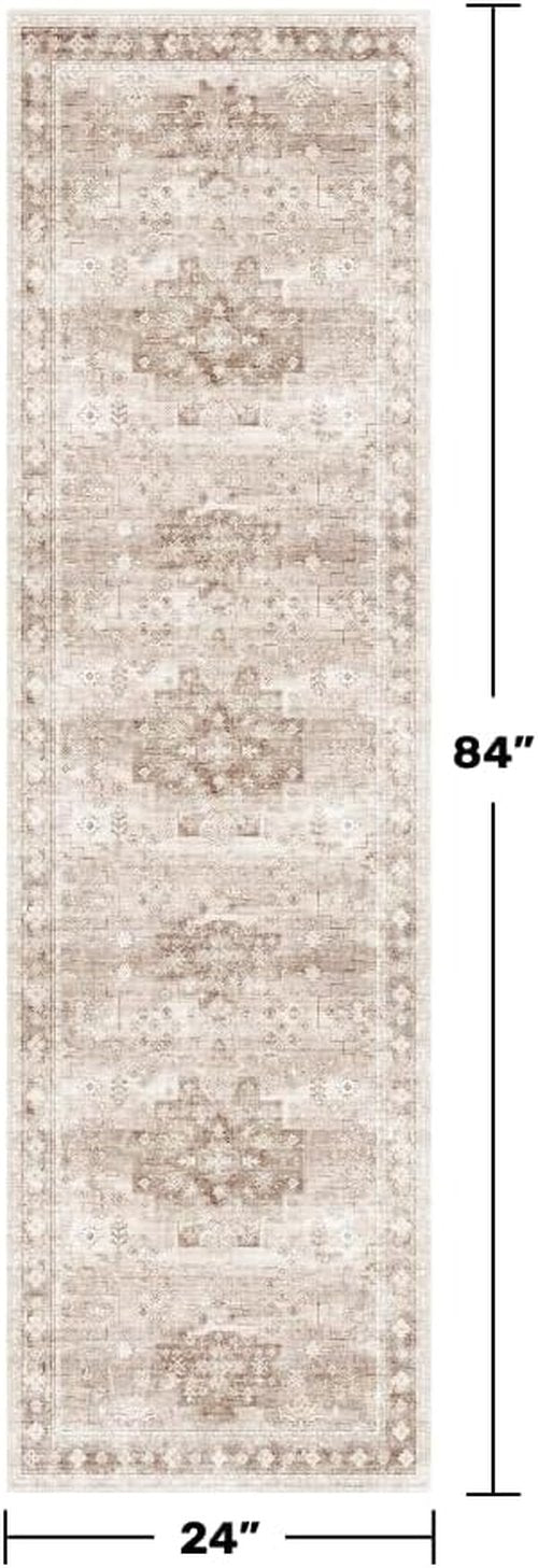 Hazo Haus Boho Runner Rug - 2x7 Long Neutral Farmhouse Design | Vintage Floral, Washable & Non-Slip, Latte Beige