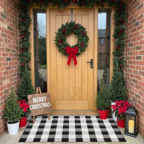 Buffalo Plaid Outdoor Rug 3x5 ft Black White Layering Doormat, Washable Porch Entryway Mat - Variation: Black & White Plaid / 3' x 5'