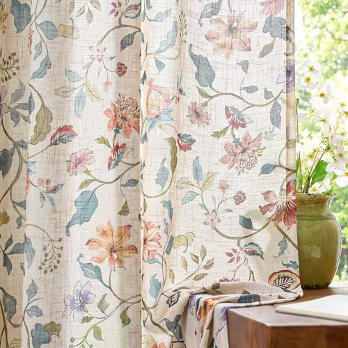 Hattie Beige Floral Linen Curtains 50W x 84L - Farmhouse Style 2 Panels