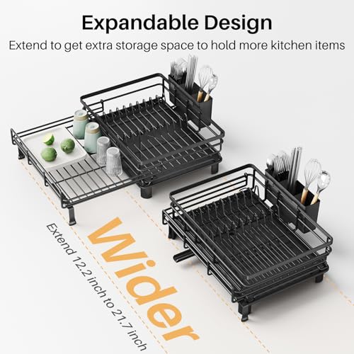 Expandable Dish Drying Rack for Kitchen Counter - Black - Over Sink, Rustproof Steel